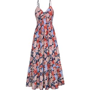 Grace Karin Women's Summer Beach Dress Floral Print V Neck Tie Front Spaghetti Strap Flowy Maxi Dress Bohemian Long Dress, XXL