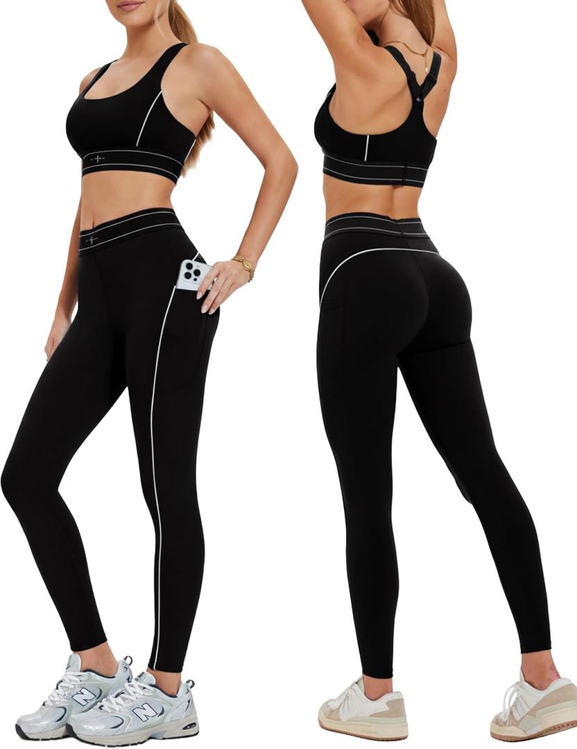 Mudere 2 Piece Workout Sets for Women High Waist Leggings with High Impact Sports Bra Yoga Outfits (Medium, Black)