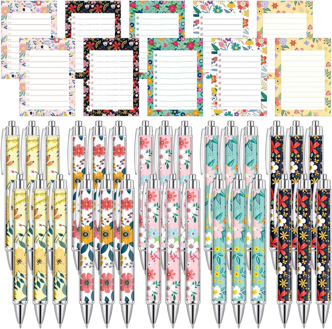 Kosiz 60 Pcs Flower Notepads with Pens Floral Sticky Notes Funny Ballpoint Pens Bulk Floral to Do List Memo Pads for Flower Theme Party Favors Office Holiday Gifts