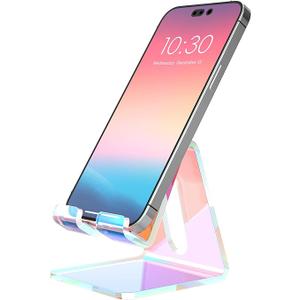 Crpich Acrylic Cell Phone Stand, Portable Phone Holder, Phone Stand for Desk, Compatible with Phone16 15 14 13 12 Pro Max Mini 11, Switch, Android Smartphone, Pad, Tablet, Iridescent Color