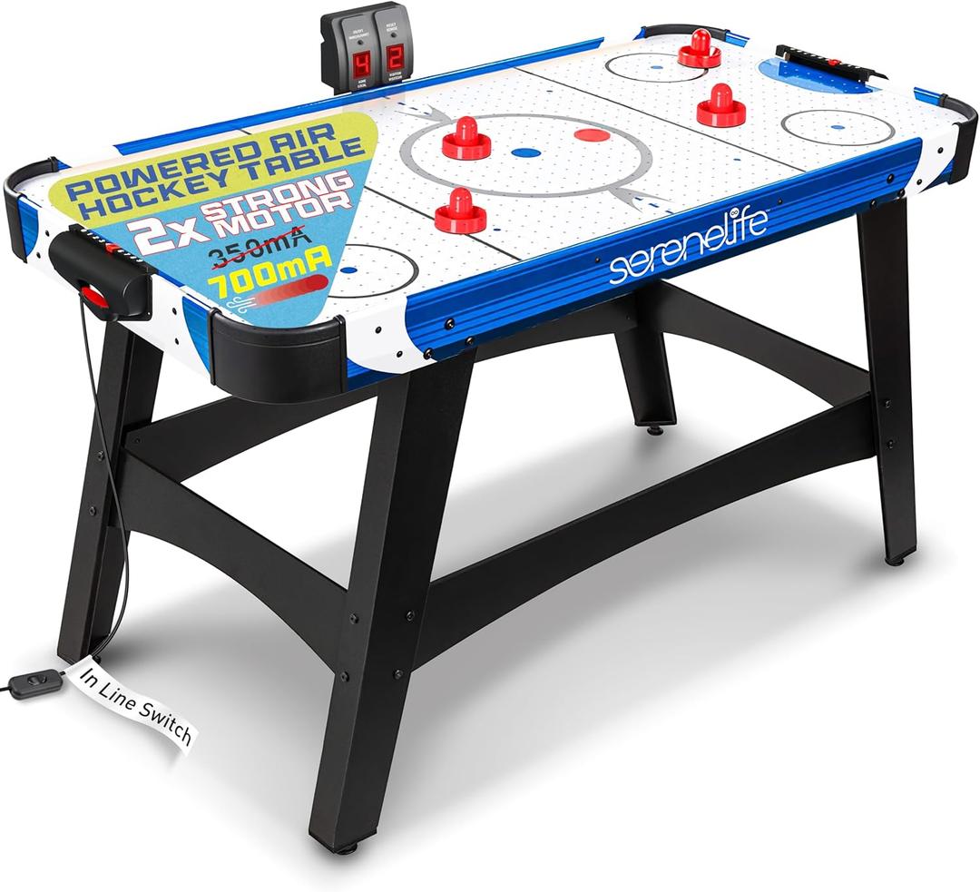 SereneLife 54" Air Hockey Game Table with 2X Stronger Motor, Light-up Scoreboard, AC in Line Power Switch Includes 2 Pucks, 2 Pushers (Blue)