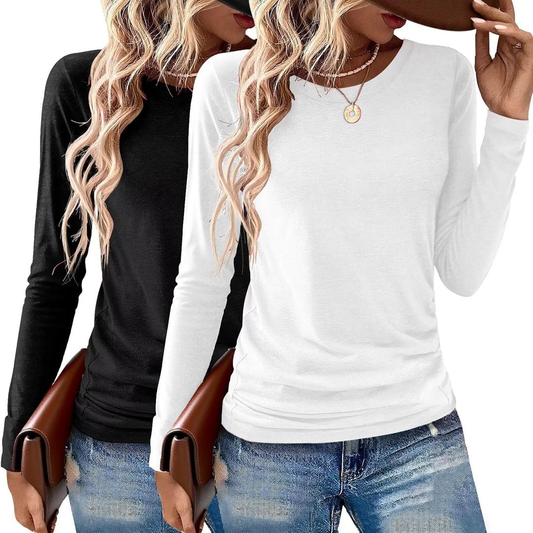 Gihgoew 2 Pack Womens Tops Crewneck Soft Long Sleeve Shirts Fall Clothes Casual Tshirts Basic Tee (Large, Black+white)