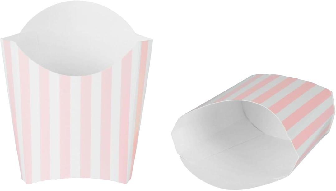 Restaurantware Bio Tek 3.9 x 2.6 x 3.5 Inch French Fry Cup 100 Disposable Snack Cups - Stackable Sustainable Pink And White Paper 2 Ounce Fry Holder For Fries Onion Rings Popcorn or Cookies (Small)