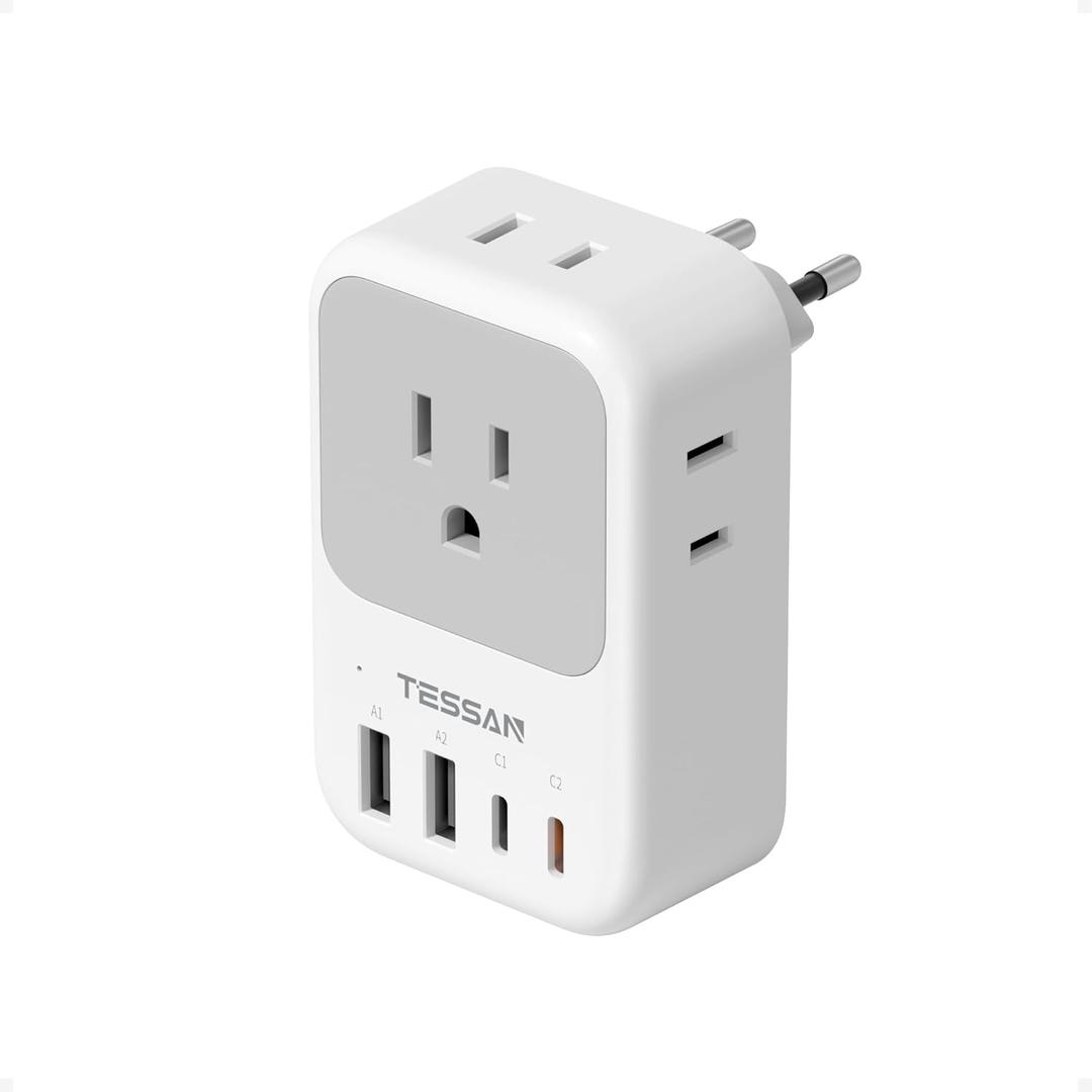 European Travel Plug Adapter, TESSAN International Power Adaptor with 4 Outlets 4 USB Ports (2 USB-C, 1 with PD 20W), Type C Adapter for US to EU Europe Spain Iceland France Italy Germany Portugal (grey)