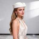 Vintage Wool Pillbox Hat Womens Dress Fascinator with Bow Formal Church Wedding Teardrop Hat (White)