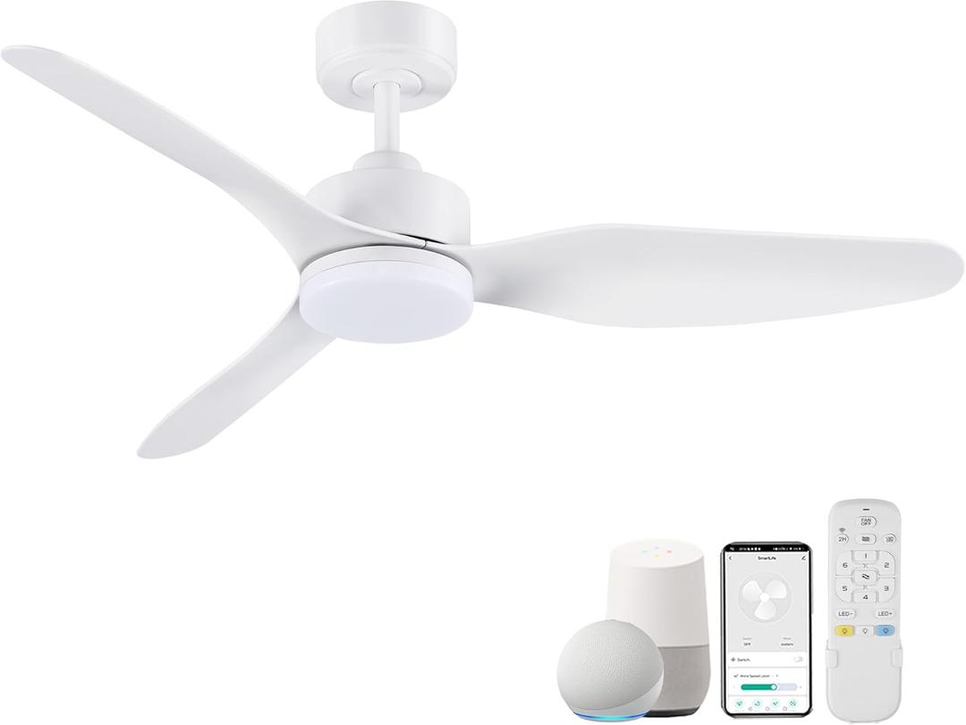 48 Inch Smart Ceiling Fans with Lights Remote Control,Dimmable LED Light,Outdoor Indoor Modern Ceiling Fan,Quiet DC Motor,WIFI Alexa App Workable,Matte White for Bedroom Living Room Patio