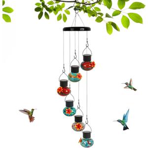 Solar Powered Wind Chimes Hummingbird Feeder with LED Light, Charming Hand-Blown Glass Bird Feeders for Outdoor, Leak-Proof, Ant & Bee Resistant, Perfect for Garden Decor (Ball, Multicolor)