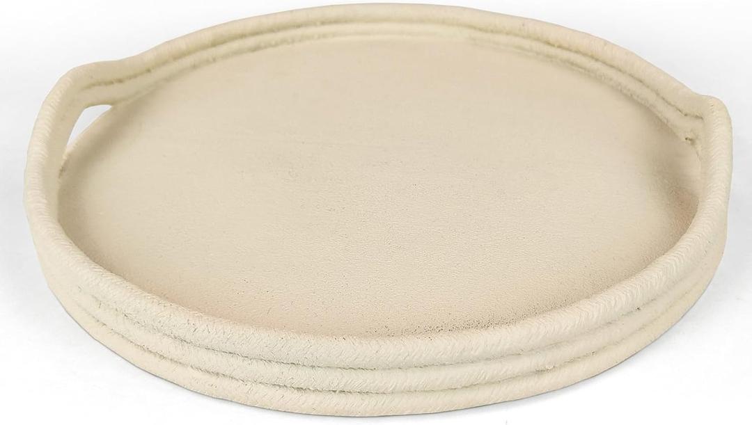 Large Resin Round Decorative Tray, RopeStyle Sandstone Texture, 11.4 Beverage & Serving Tray for Coffee Table Decor (Beige)