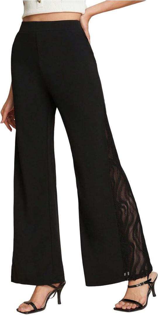 OYOANGLE Women's Lace Mesh Wide Leg Pants High Waist Flared Dress Pants Bell Bottom Trousers Trendy (Medium, Black)