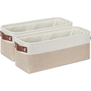 DULLEMELO 2-Pack Bathroom Baskets for Toilet, Small Storage Bins for Organizing Closets, Cabinets, Shelves, Canvas Fabric Storage Basket Bins With Leather Handles for Empty Gift Basket (White&Khaki) (Narrow-15"x6"x5.5")