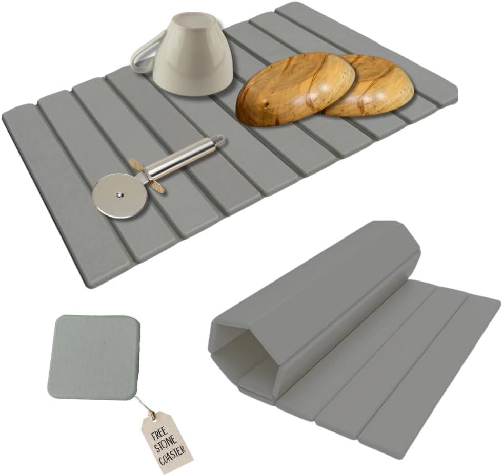 Roll-Up Stone Mat - Premium Diatomaceous Earth Dish Drying Rack, Water Absorbent Roll-Out Dish Drying Mat for Kitchen Countertops, Eco-Friendly, Quick-Dry Surface Light Grey