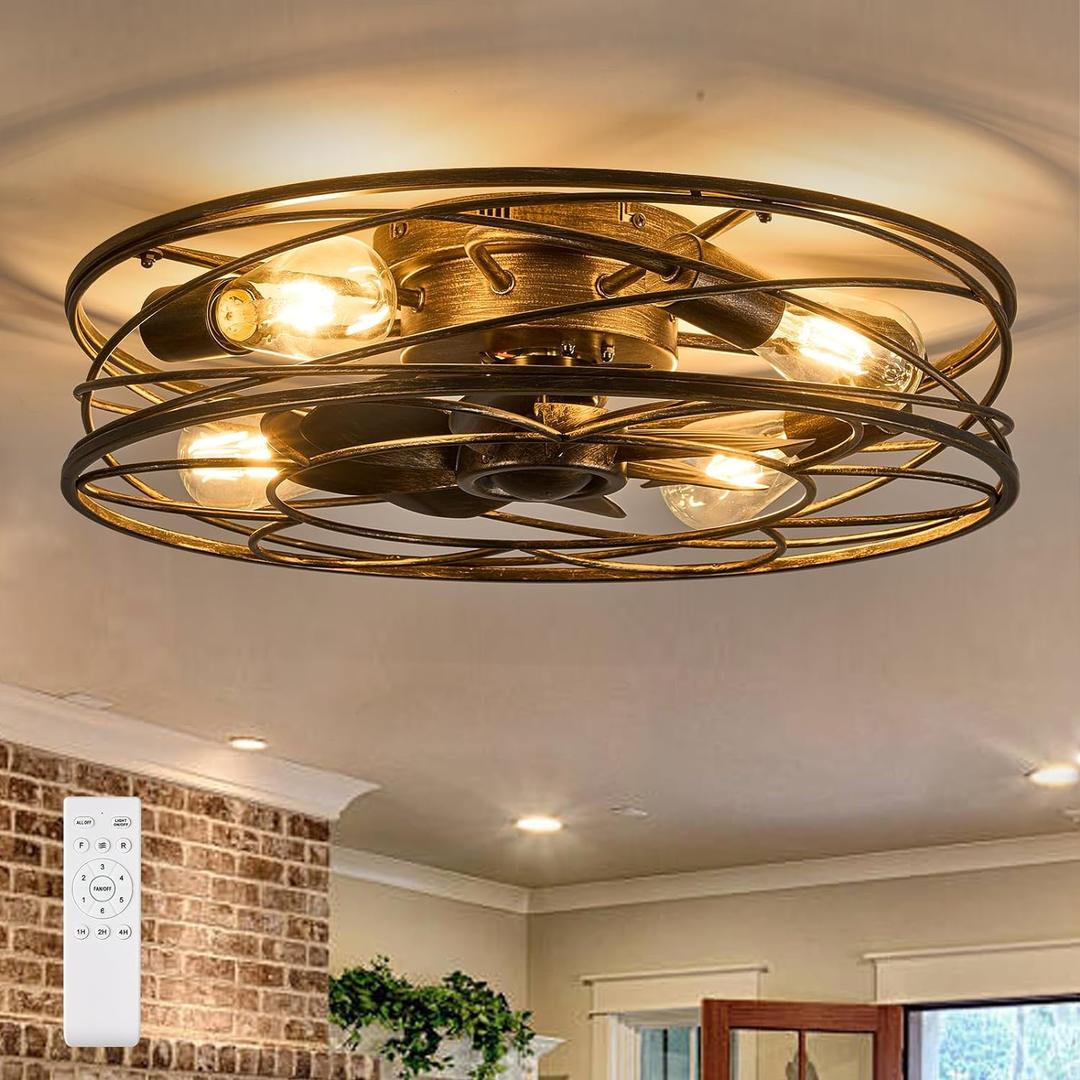 Flush Mount Caged Ceiling Fan: 20" Caged Ceiling Fan with Lights and Remote, Bladeless Low Profile Ceiling Fans 6 Speed Reversible Quiet Industrial Enclosed Ceiling Fan for Bedroom Dining Room Kitchen (Black Brush Gold)