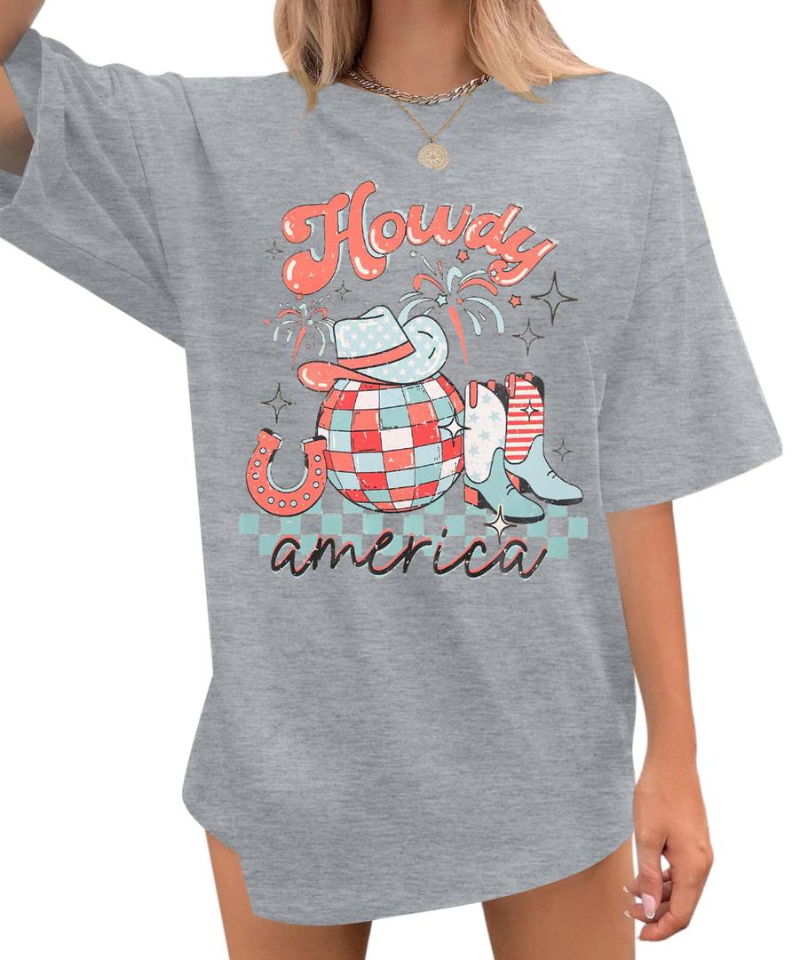 Howdy Western Shirt for Women - Oversized Country Music Rodeo Cowboy Short Sleeve Casual Tee Tops (Gray, XXL)