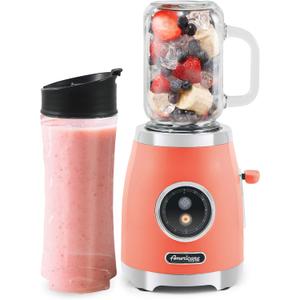 Americana EPB399C BPA Free Glass Blending Jar and Tritan Sports Bottle Blend Personal Smoothie, Crush Ice, Shakes, Keto Protein Blender, 2 Cups, 300 Watts, Coral