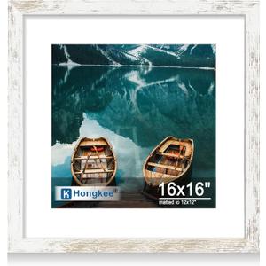 Hongkee 16x16 Frame, 16 x 16 Distressed White Wood Style, 12x12 Mat, 1 Pack, 16x16 in