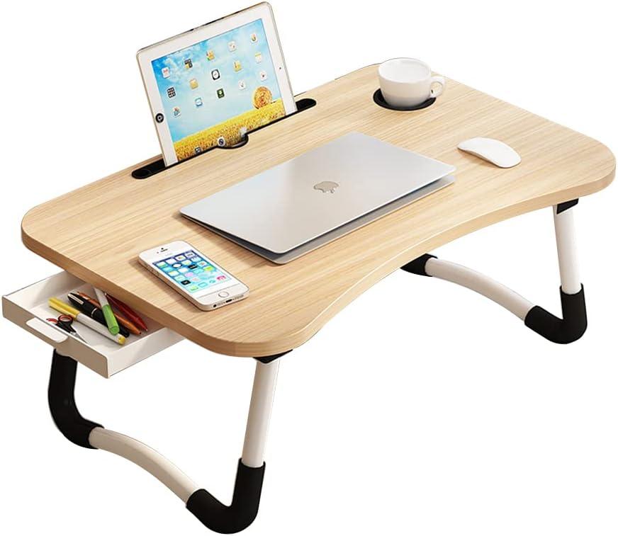 Lap Desk with Storage Drawer, Holders for Cup and Tablet, Laptop Bed Tray Table with Foldable Legs, Laptop Bed Stand, Portable Standing Table for Sofa Couch Floor (23", Walnut) (23", Walnut)