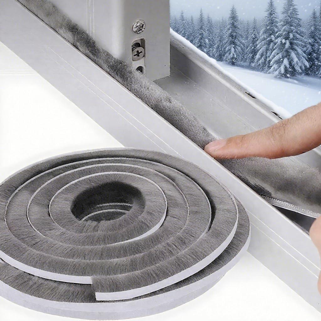 ZOMPAGO Brush Weather Stripping, 0.4 in x 0.4 in x 32.8 FT, Grey, Insulation, Sliding Seal Strip, Glass, Window Felt, Brush Door Sweep, Self Adhesive Draft Blocker, Dust Stopper Sliding Door Seal Winter