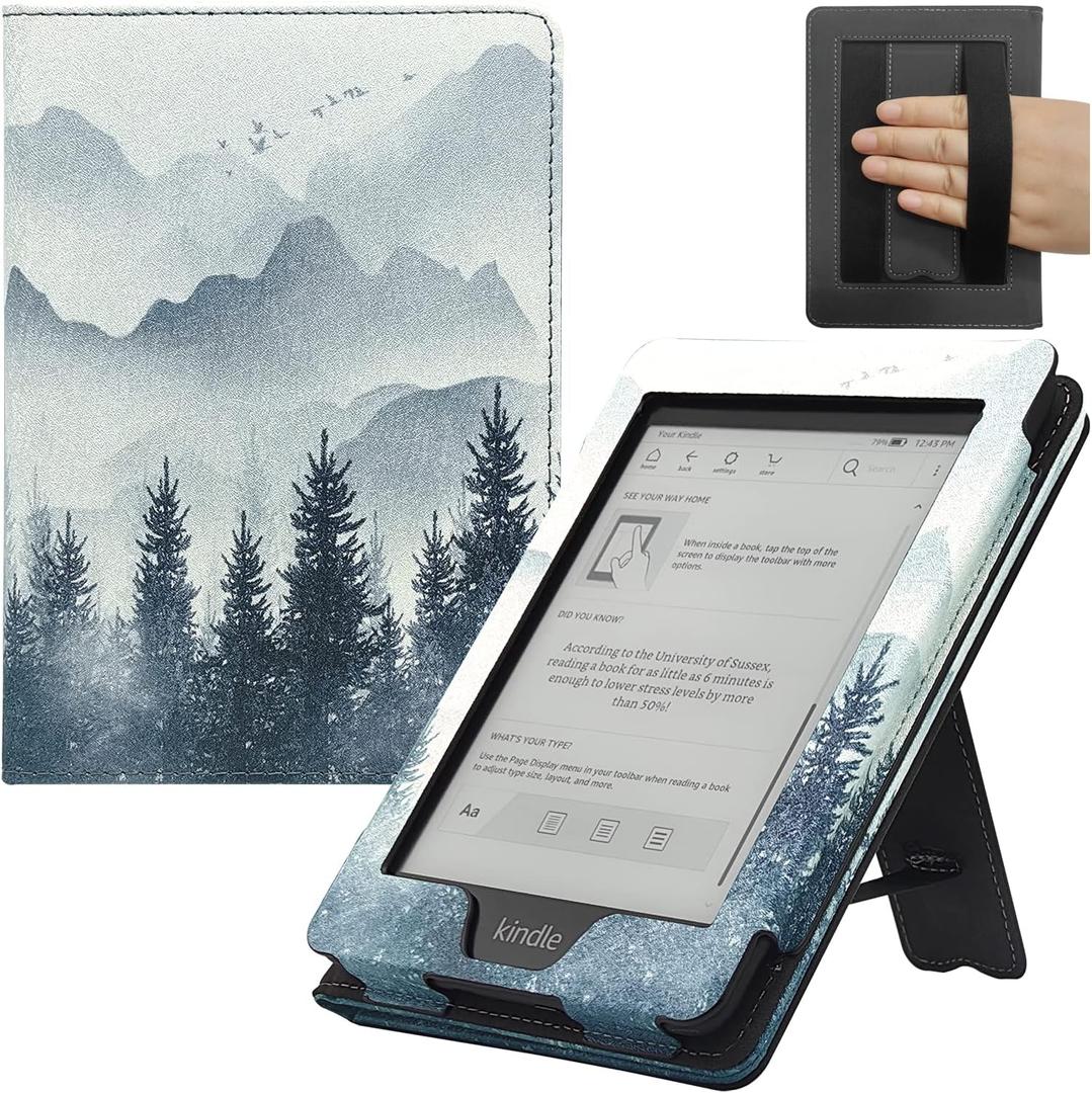 Stand Case for 6 Inch Kindle Paperwhite (10th/7th/6th 5th Generation and All 6'' Paperwhite Generations 2012 to 2018) Cover with Auto Sleep/Wake & Double Hand-held (Forest Mountains)