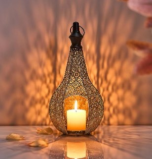 11.6inch Moroccan Lantern Lamp Decorative Candle Holders for Ramadan Decorations, Hanging, Outdoor Patio or Porch, Indoor Home Decor Gold