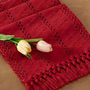 Socomi Boho Table Runner Macrame Valentine's Day Farmhouse Woven Cotton Linen Rustic Coffee Table Runner with Tassels for Dresser Scarf Home Decor Dining Room 12x90 in Red