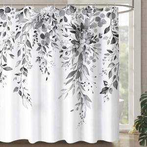 Gray and White Eucalyptus Shower Curtain Watercolor Grey Floral Plant Leaf Shower Curtains for Bathroom Botanical Flower Waterproof Fabric Bath Curtain Decor with Hooks (Black, 72'' x 72'')