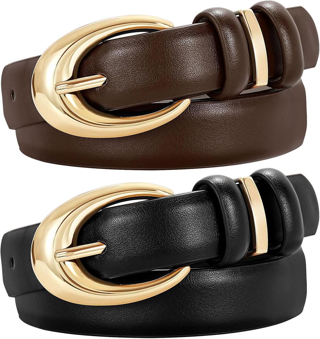 TRIWORKS 2 Pack Women Leather Belt for Jeans Pants Fashion Ladies Skinny Faux Leather Belt with Gold Buckle (Length:35.4''-Fit Waist Size 22"-25", Black+coffee)