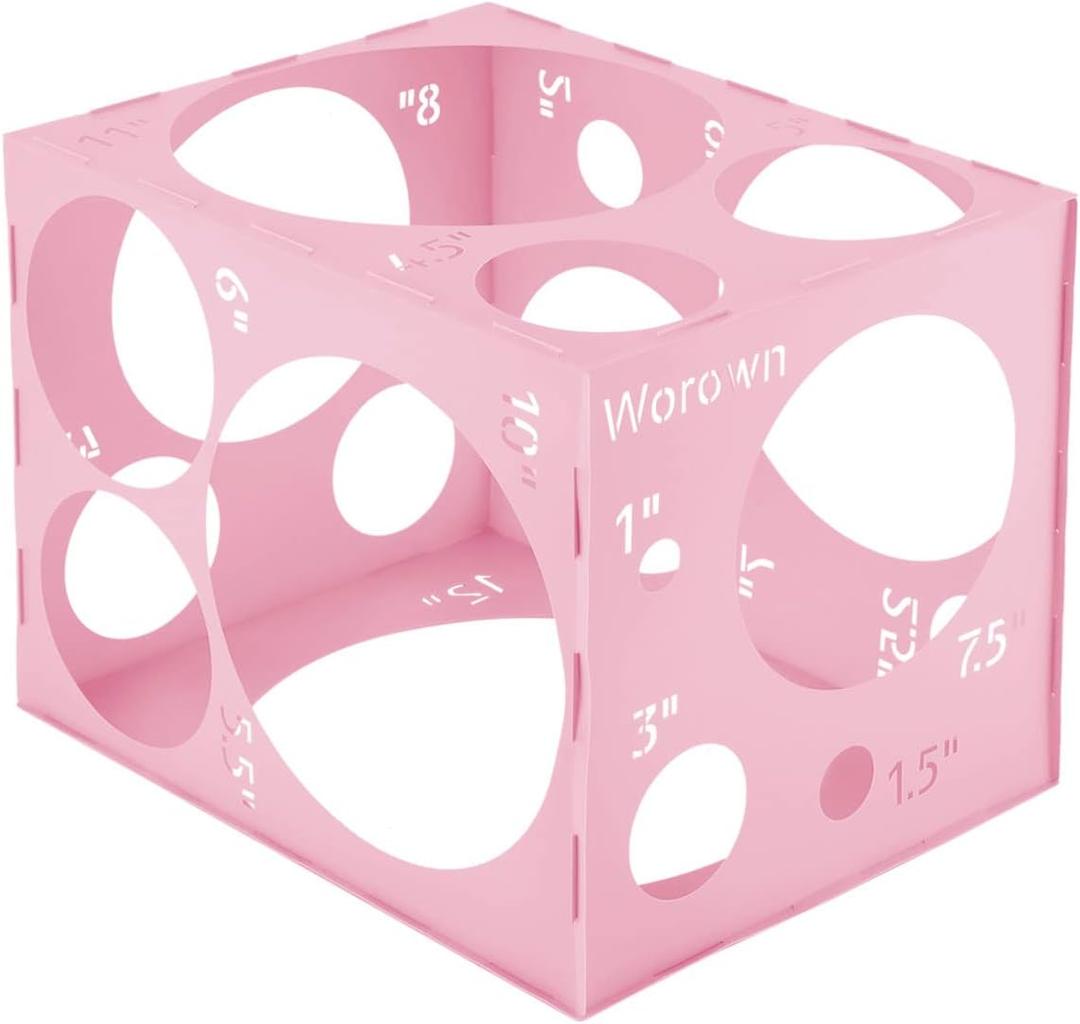 Worown 18 Holes Large Collapsible Pink Plastic Balloon Sizer Box, 1-12 Inch Balloons Sizer Cube, Balloon's Size Measurement Tools for Party Decorations