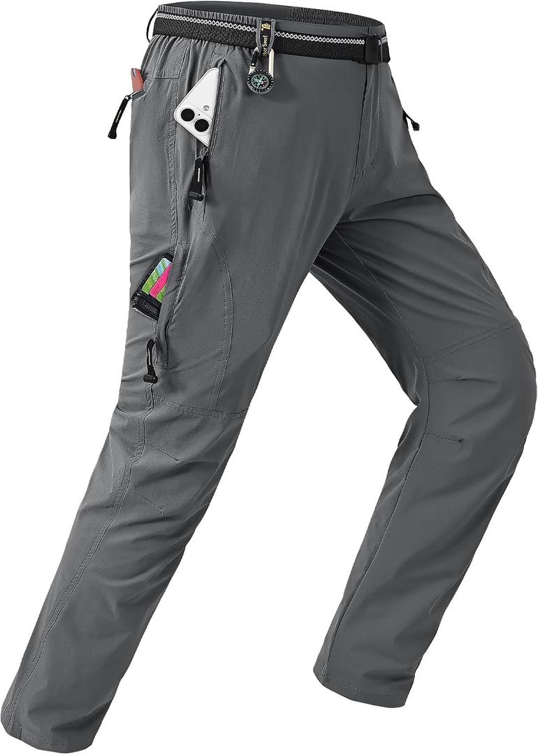 TBMPOY Men's Lightweight Hiking Pants with Belt 5 Zip Pockets Waterproof Quick-Dry Travel Fishing Work Outdoor Pants, M