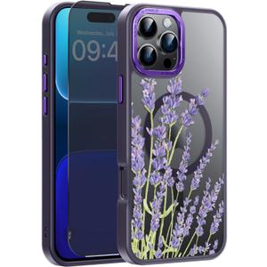FUNMIKO for iPhone 16 Pro Case with Privacy Screen Protector, Wireless Charging Compatible, Shockproof Translucent Matte Cover - Cute Floral Design Phone Case for Women Girls - Elegant Lavender