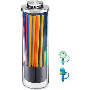 Straw Holder Dispenser for Counter - Clear Glass Drinking Straw Container with Lid - 2 Straw Covers and 35 PCS Straws include by BIGINIWA
