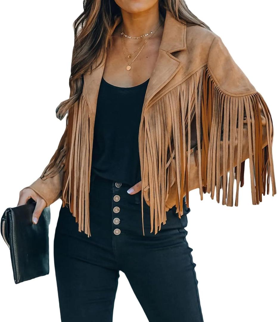 CHARTOU Casual Faux Leather Jacket Women Motorcycle Jacket Fringe Cropped Jacket Utility Tassel Suede Moto Jacket (XX-Large, Camel)