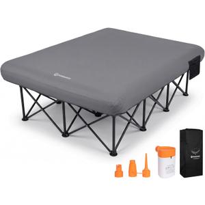 FUNDANGO Queen Camping Cot with Electric Pump, Inflatable Air Mattress Bed with Removable & Washable Cover, Folding Frame, Cup Holders, Carry Bag for Adults, Tent, Guest (80"x60"), X-Large