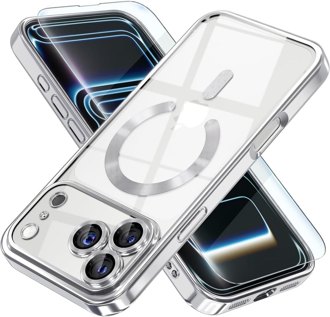 Misea Magnetic for iPhone 17 Pro Case Compatible with MagSafe [Never Yellowing] [Military Grade Drop Protection] Full Camera Lens Protector Plating Soft Clear Phone Case for Women, Silver