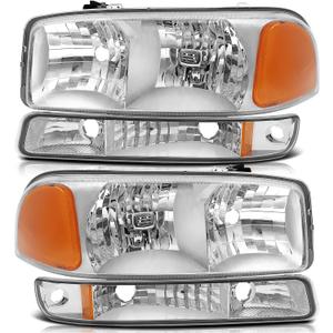 Headlight Assembly for GMC Sierra 1500 1999-2006 for GMC Sierra 1500 Classic 2007 Chrome Housing Amber Reflector Clear lens Driver and Passenger Side Headlamp