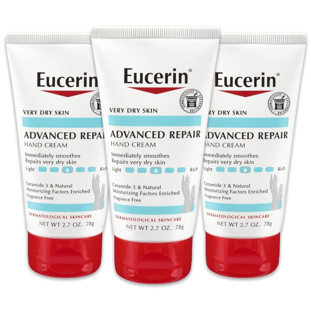 Eucerin Advanced Repair Hand Cream, Immediately Soothes and Repairs Very Dry Skin, Fragrance Free, Non Greasy, Fast Absorbing, Travel Size Hand Lotion, 2.7 Oz Tube, Pack of 3