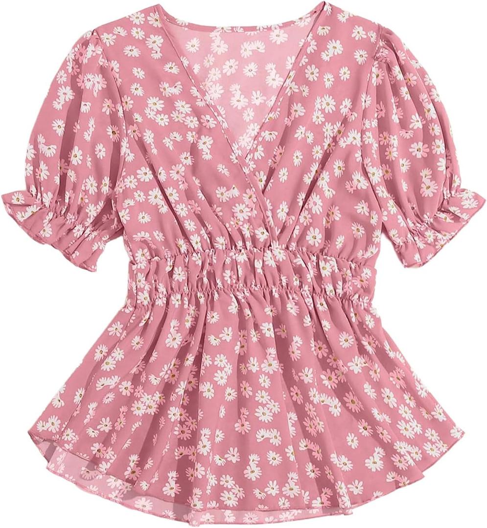 Floerns Women's Boho Floral Print Shirt Wrap V Neck Ruffle Puff Short Sleeve Peplum Blouse Top (Medium, Pink)