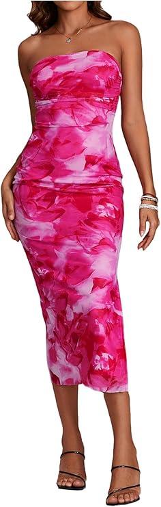 Milumia Women's Printed Strapless Tube Top Long Dress Slit Hem Sleeveless Bodycon Maxi Dresses Dark Pink M