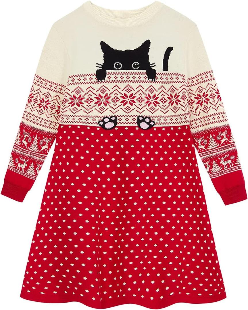 Funnycokid Little Girls Christmas Dress Xmas Knitted Sweater Dress Long Sleeve, 4-5T, A1 Christmas Cat