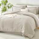 Himeet Queen Comforter Set - 7 Pieces Seersucker Bed in a Bag Queen Size, Luxury Boho Comforter Set with Sheets for All Season, Bed Set with Comforter, Sheets, Pillowcases & Shams, Beige