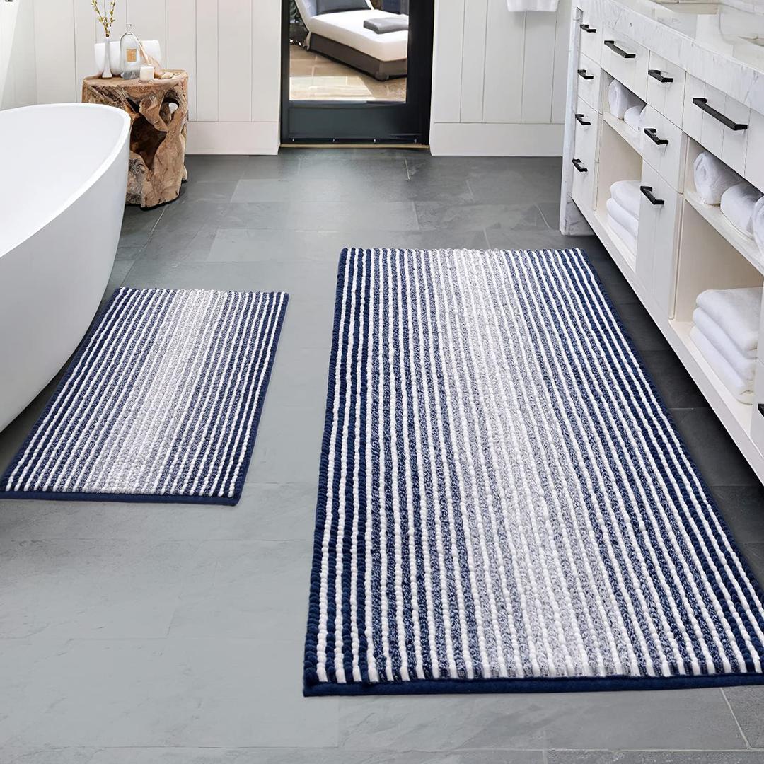 BSICPRO Bathroom Rugs and Mats Sets, 2 Piece Thick Absorbent Chenille Bath Mat Rug Set Non Slip, Soft Shaggy Bath Room Floor Mats for Bathroom, Machine Washable (20" x 60" Plus 20" x 32", Blue)
