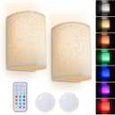 PESUTEN Wall Sconce Lighting Decor, Battery Rechargeable Wall Sconce Set of 2 with Fabric Shade Remote Control, 16 RGB Colors Changeable Dimmable Wall Lamp Fixtures for Bedroom Living Room Hallway
