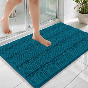 OLANLY Thick Bathroom Rugs 36x24, Extra Soft Absorbent Chenille Striped Bath Rugs, Rubber Backing, Machine Wash Dry, Bath Mats for Bathroom Floor, Tub and Shower, Home Decor Accessories, Peacock Blue