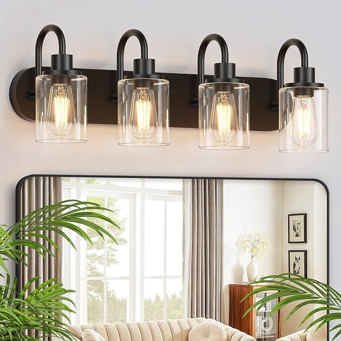 4-Light Vanity Lights for Bathroom, Modern Black Bathroom Light Fixtures Over Mirror, 23.6 inch Bathroom Wall Sconces for Hallway, Bedroom, Living Room with Clear Glass Shade