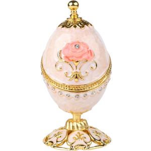 Easter Egg Trinket Box with Hinged Enameled Flower Jewelry Box Classic Ornaments Metal Craft Gift for Home Decor (White)
