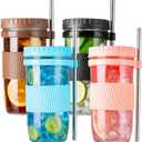 4 Pack Bubble Tea Cup, 24oz Iced Coffee Cups, Mason Jar with & Straws & 4 Airtight Lids, Reusable Wide Mouth Smoothie Boba Cup, Clean Brush, Glass Cups, Travel Drinking Bottle