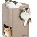 Made4Pets Cat House for Indoor Use, 2-Storey Cube Bed Cave, Covered Hideaway Condo with Scratch-Resistant Felt, Foldable Easy-to-Clean Design for Multi-Cat Homes, Beige