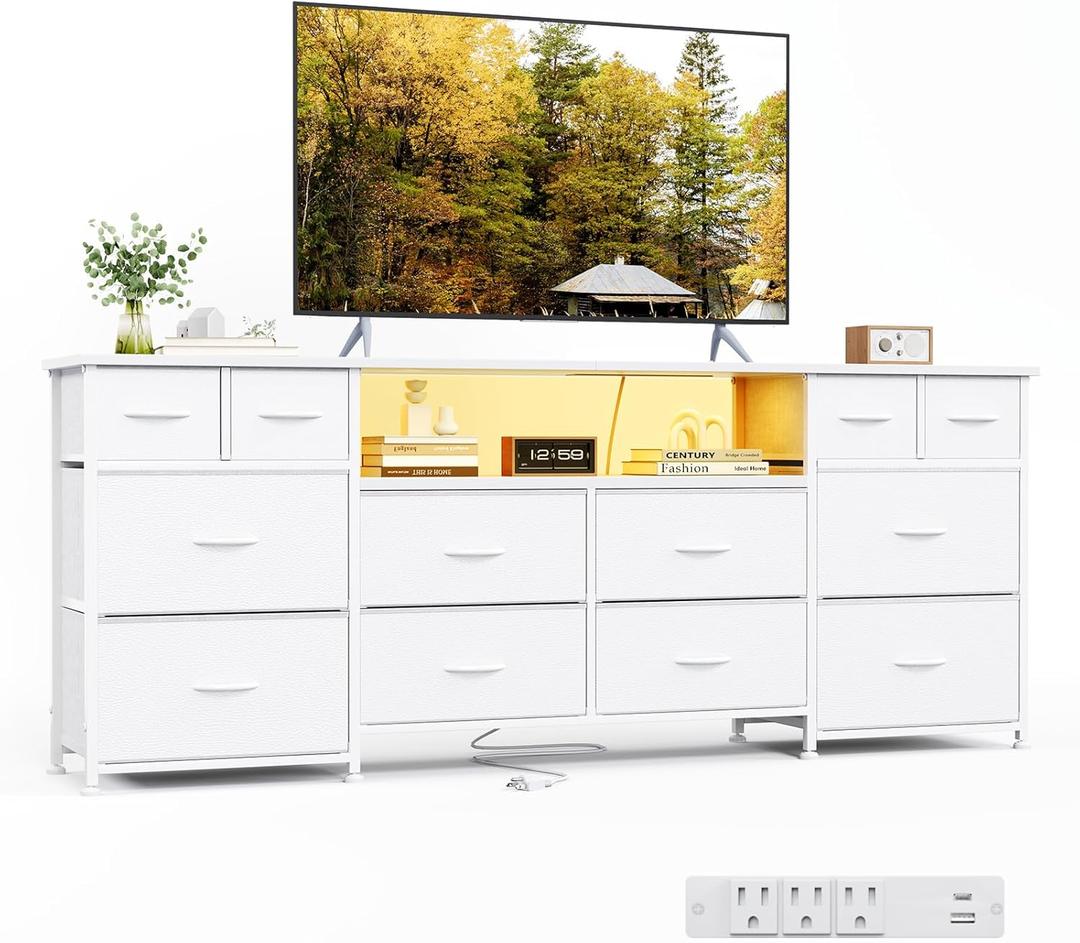 VERMESS 63 Inch 12 Drawers Long Dresser for Bedroom, Chest of Drawers, TV Stand with LED & Power Outlets, Entertainment Center with Storage Shelves, TV Unit for Living Room, for 65, 70 Inch TV, White