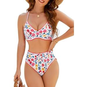 Jolefille Women High Waisted Bikini Sets-Tummy Control Swimsuit 2 Piece Bathing Suit Full Coverage Teens Underwire Top Floral, Size M