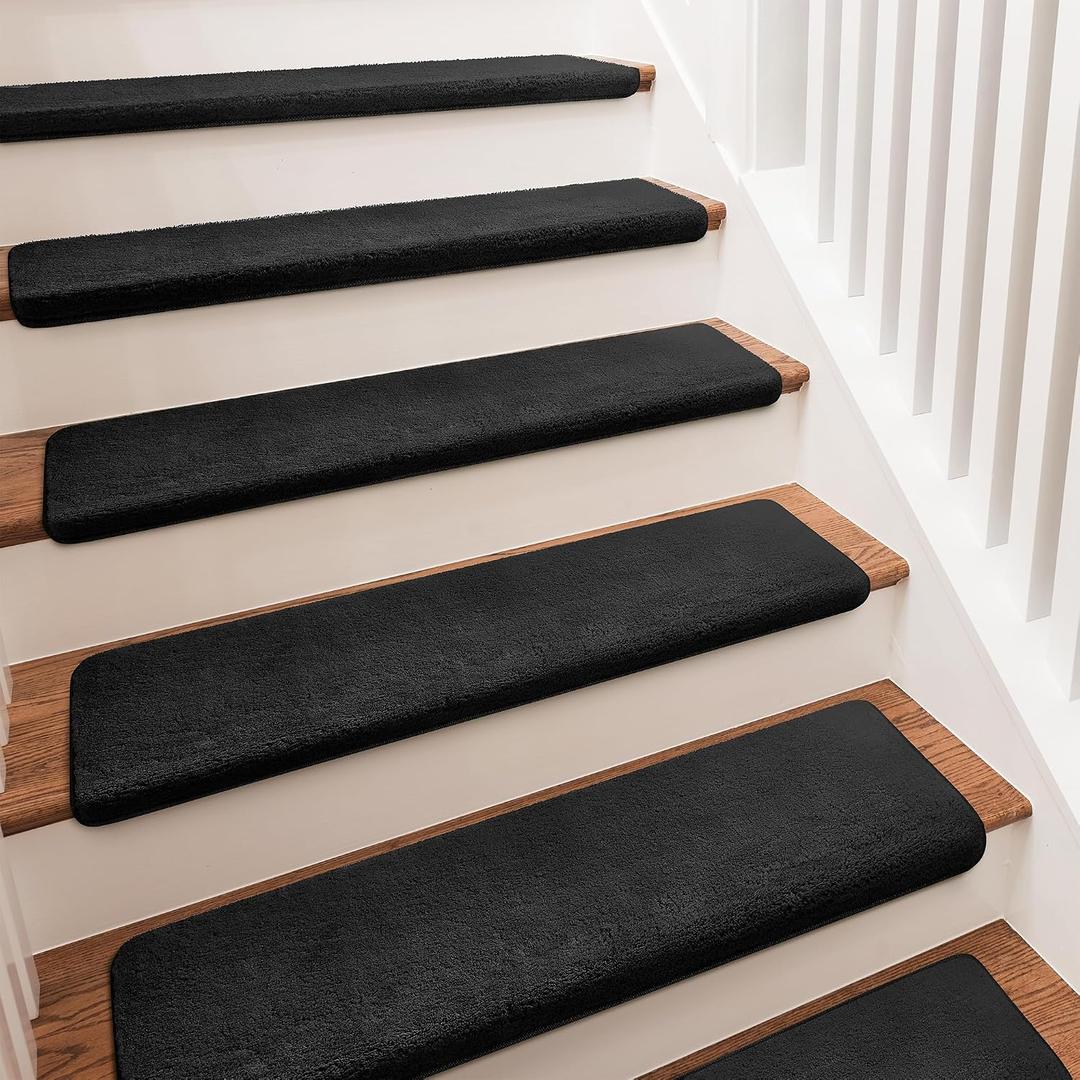 PURE ERA Bullnose Carpet Stair Treads Ultra Plush Black 14 Pcs | 36x9.5 Inch Self Adhesive Non Slip Soft Stair Carpet for Wooden Step Indoor, Reduce Noise for Stairs, Washable and Reusable