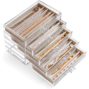 Necklace Holder Organizer, Dustproof Necklace Box Velvet Necklace Organizer Box with Lid Clear Acrylic Dustproof Stackable Jewelry Displays for Necklaces Chain Display (Beige, 5 Drawer)